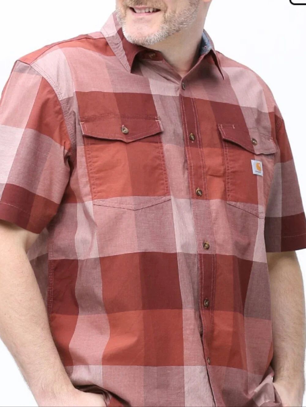 Carhartt Men's Rugged Flex.Short-Sleeve Plaid Button-Down Shirt - Rust/Light Red